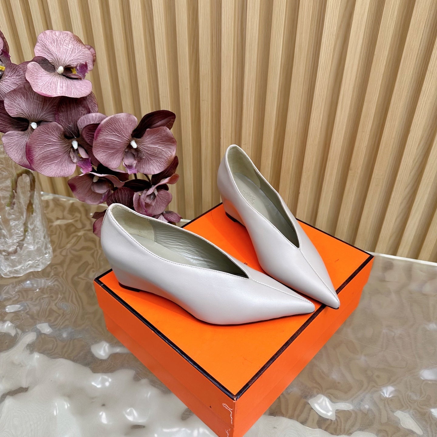 HERMES 25S HIGH-HEEL WEDGE SHOES 50 MM IN PALE PINK BEIGE LAMBSKIN