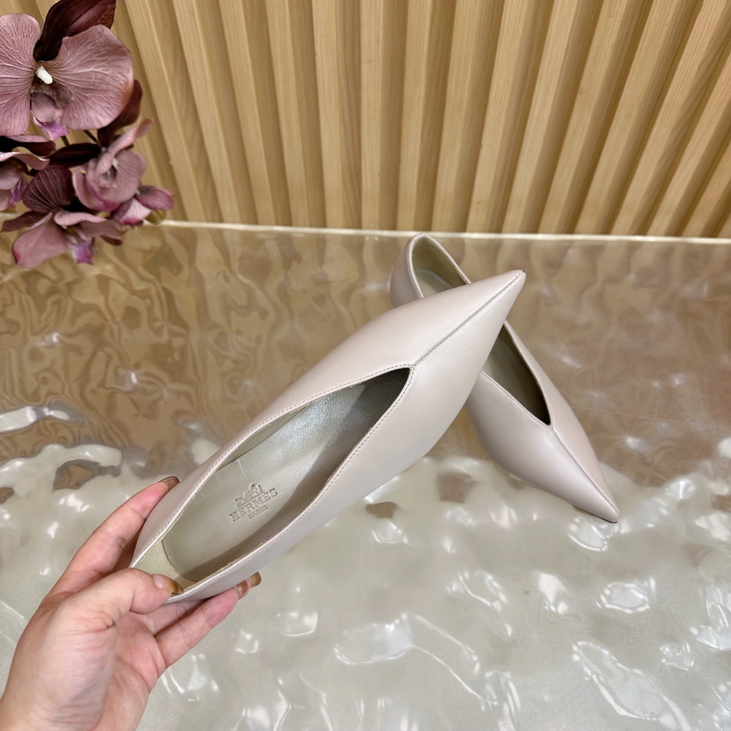HERMES 25S HIGH-HEEL WEDGE SHOES 50 MM IN PALE PINK BEIGE LAMBSKIN