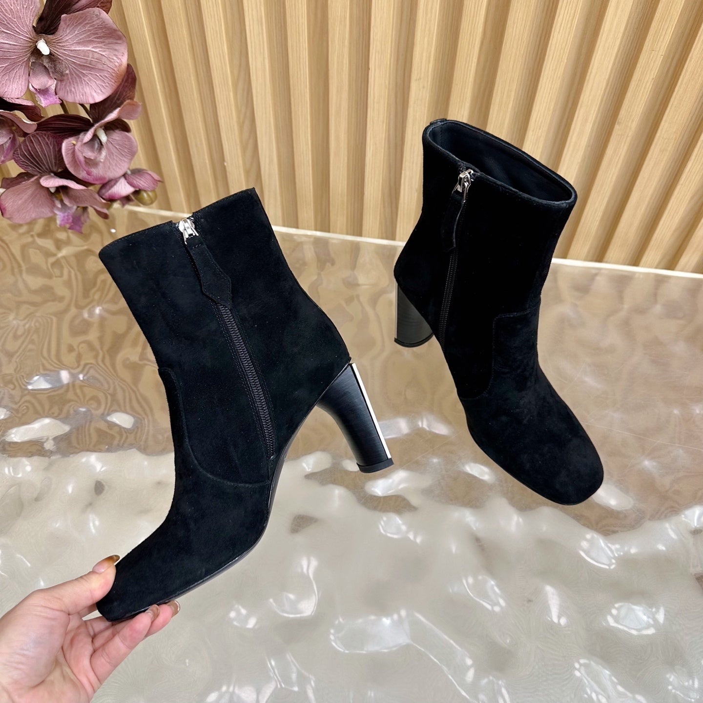 HERMES 25S ANKLE BOOTS 70 MM IN BLACK SUEDE