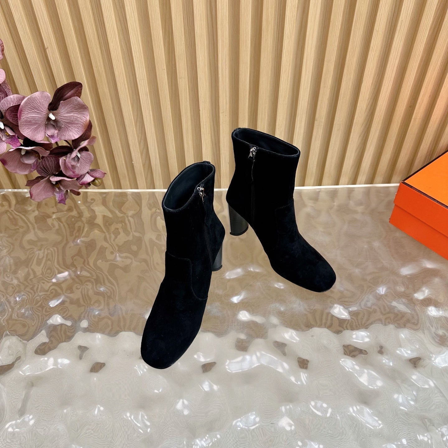 HERMES 25S ANKLE BOOTS 70 MM IN BLACK SUEDE