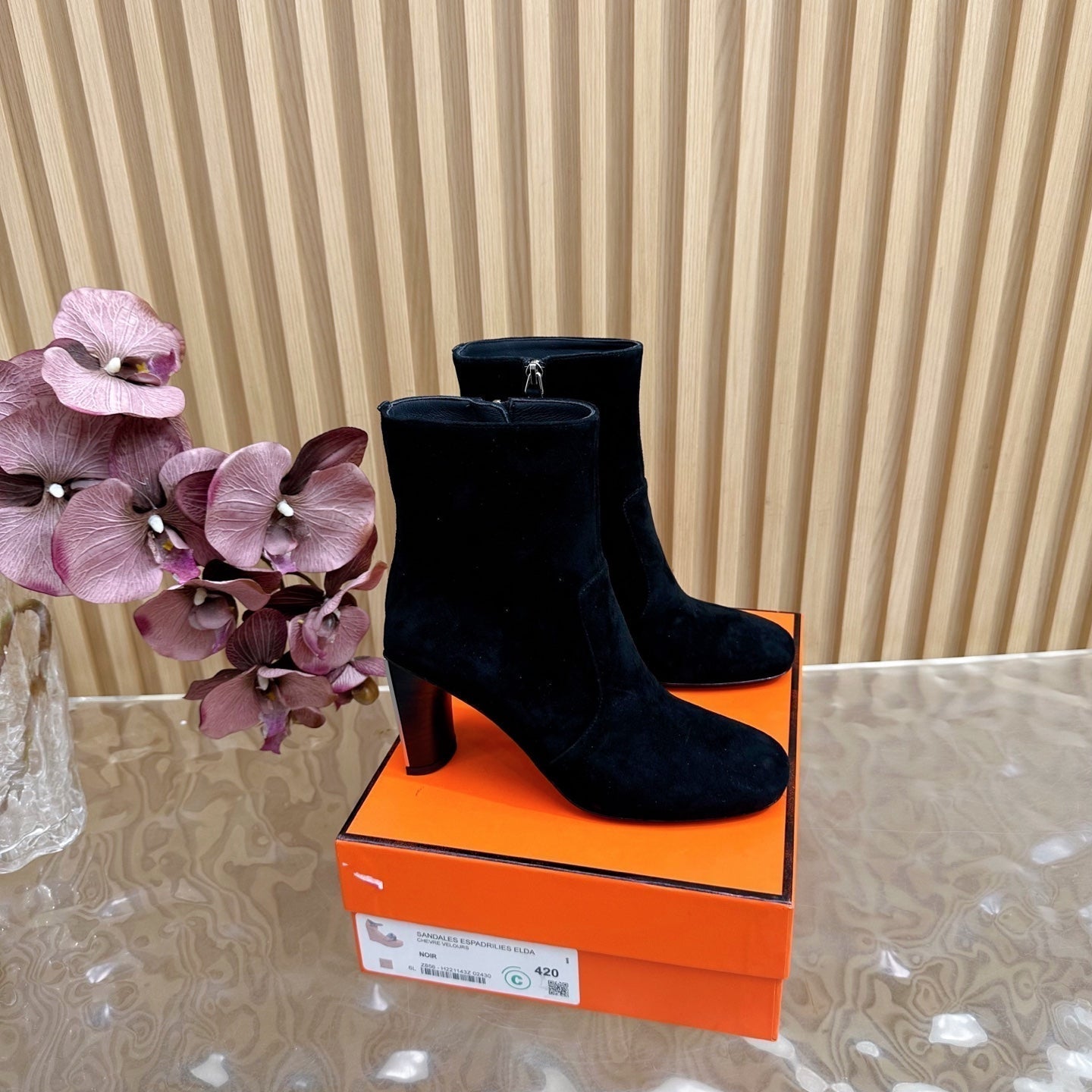 HERMES 25S ANKLE BOOTS 70 MM IN BLACK SUEDE