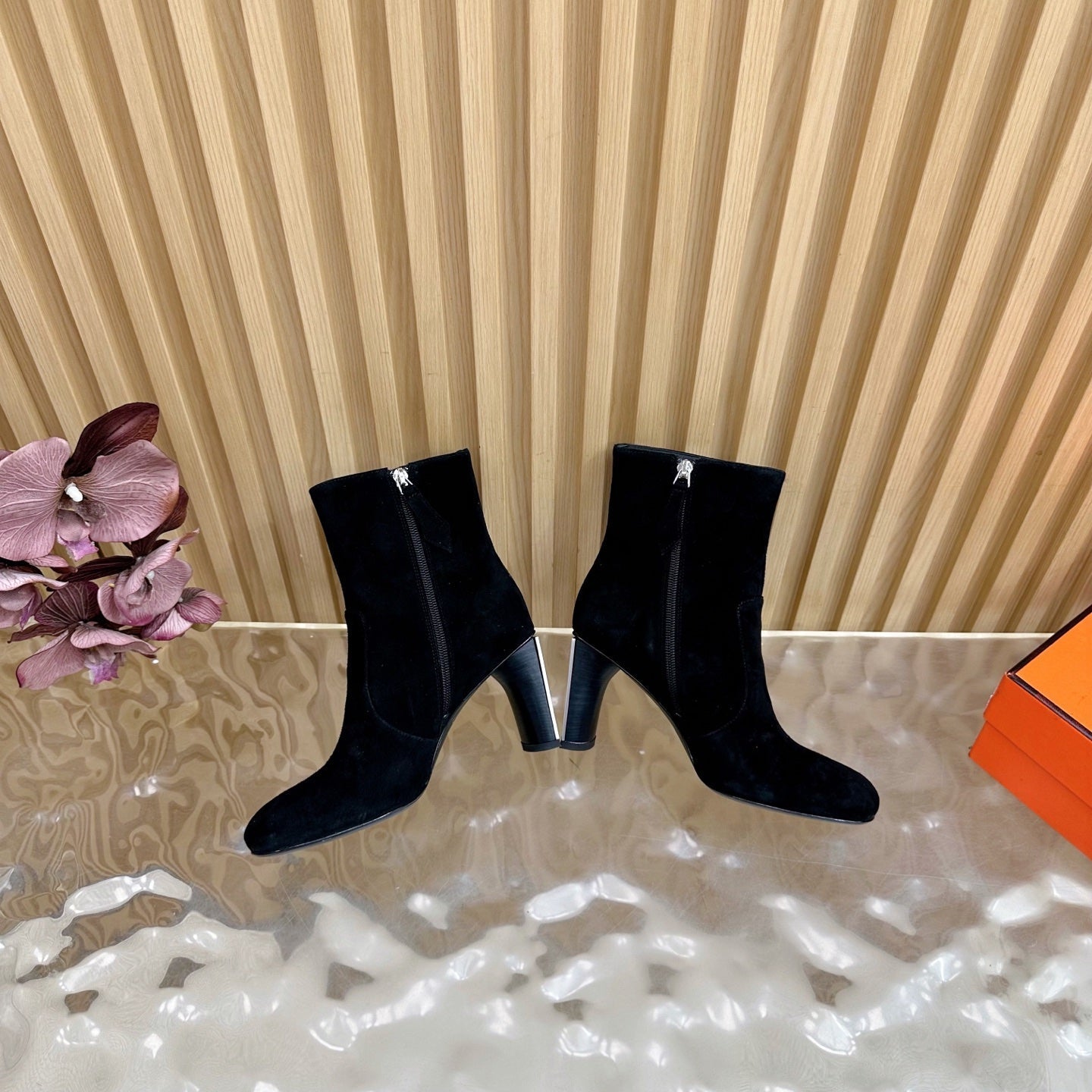 HERMES 25S ANKLE BOOTS 70 MM IN BLACK SUEDE
