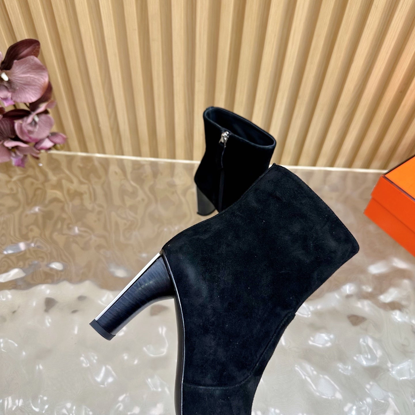 HERMES 25S ANKLE BOOTS 70 MM IN BLACK SUEDE