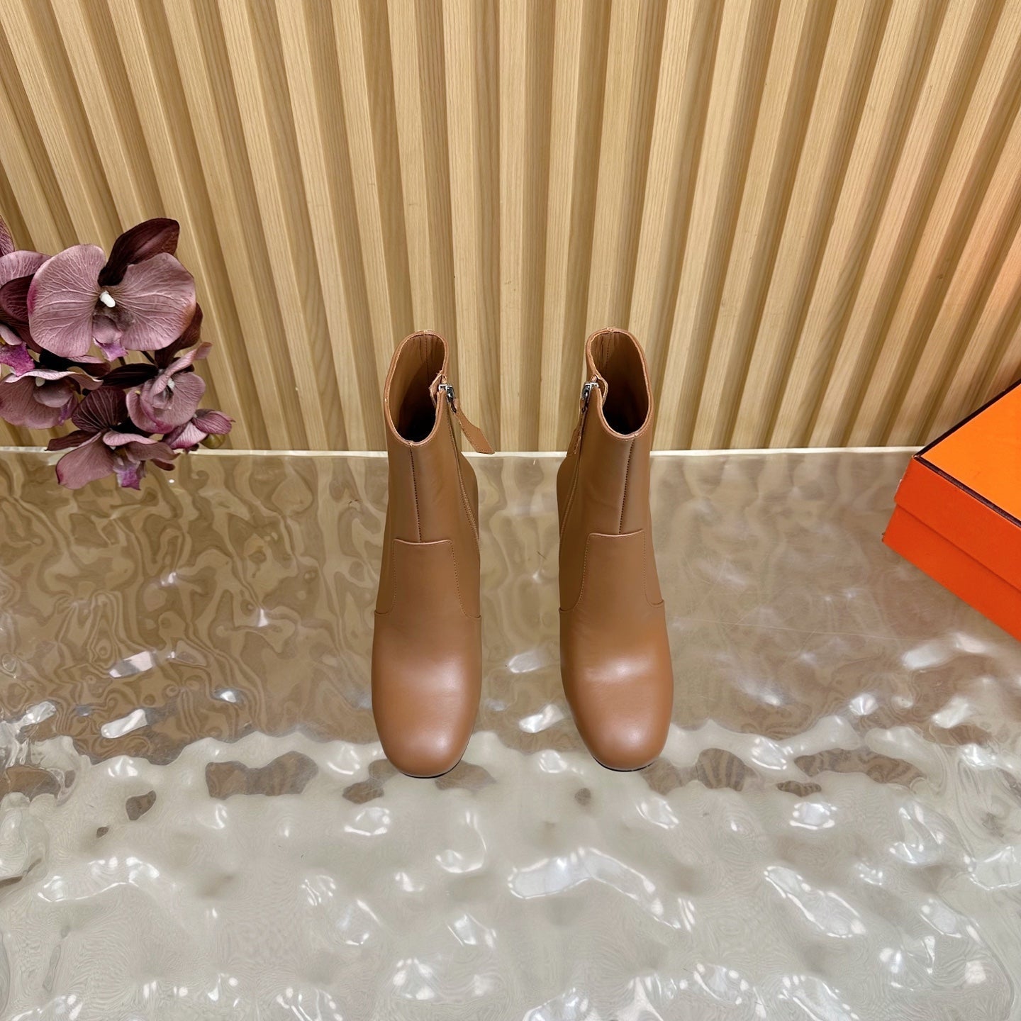 HERMES 25S ANKLE BOOTS 70 MM IN BROWN LAMBSKIN