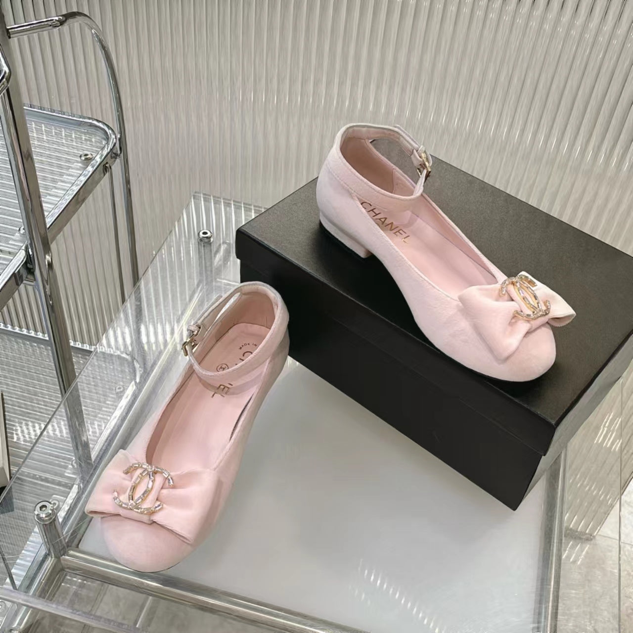 CHANEL BOW MARY JANE SHOES IN PASTEL PINK VELVET