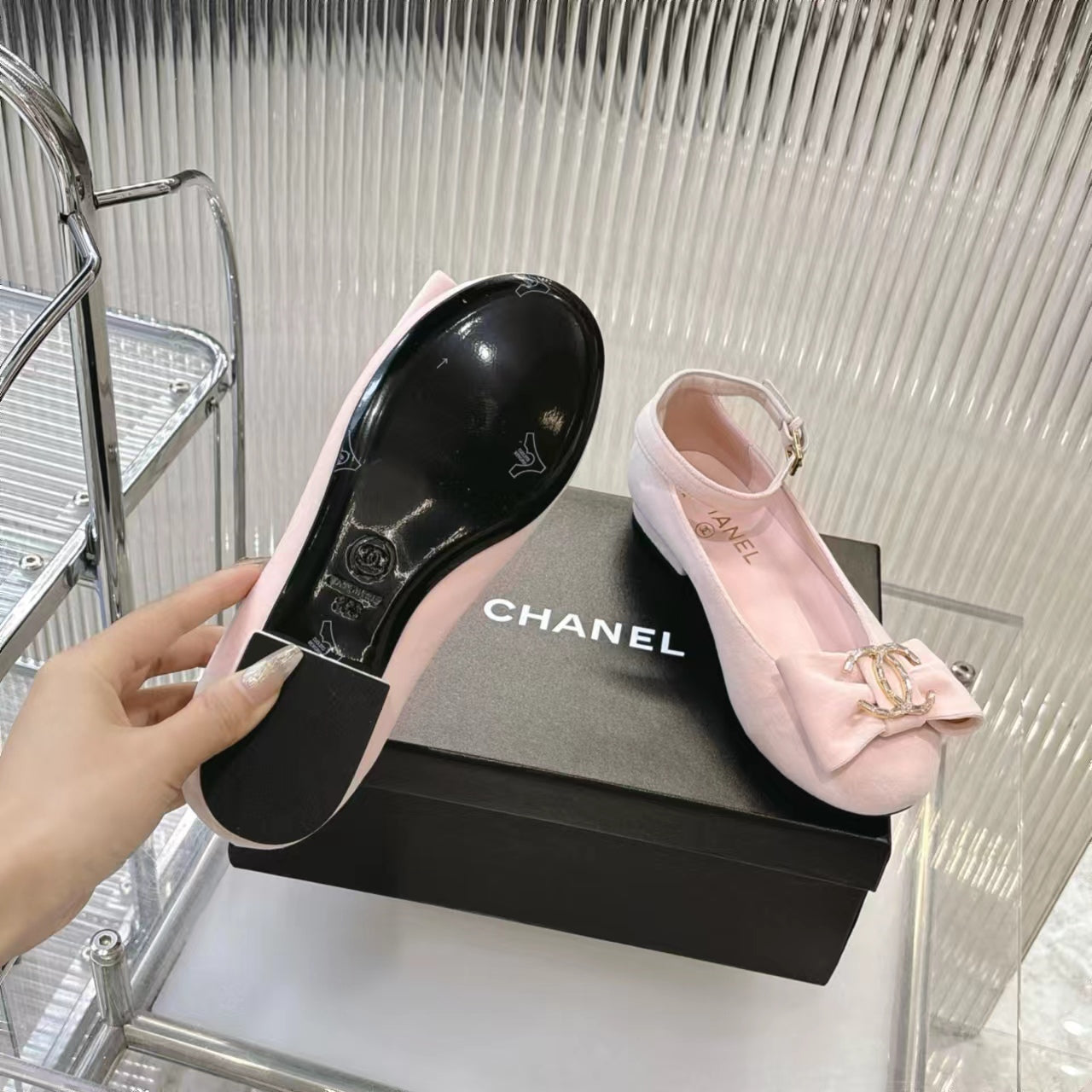 CHANEL BOW MARY JANE SHOES IN PASTEL PINK VELVET