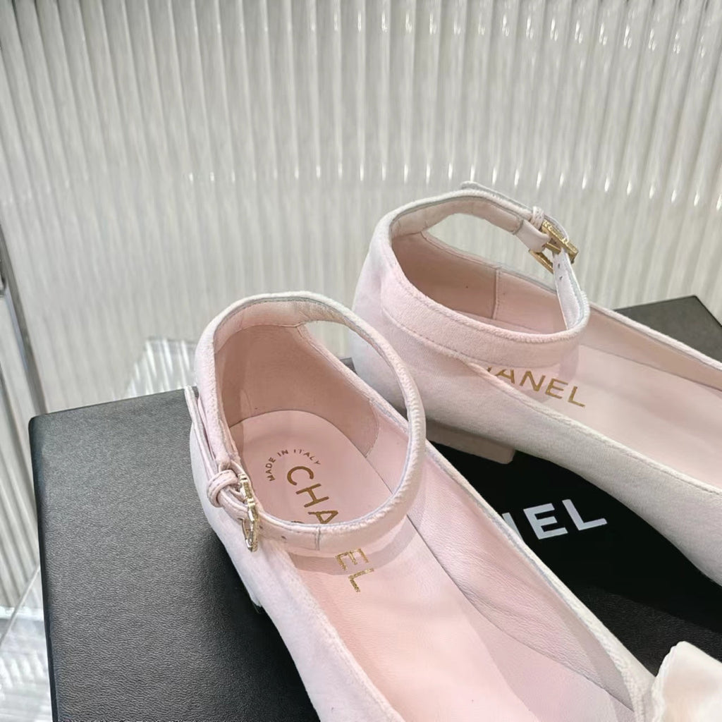CHANEL BOW MARY JANE SHOES IN PASTEL PINK VELVET