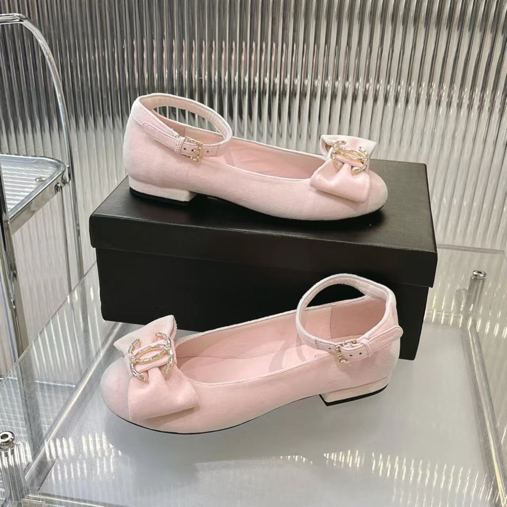 CHANEL BOW MARY JANE SHOES IN PASTEL PINK VELVET