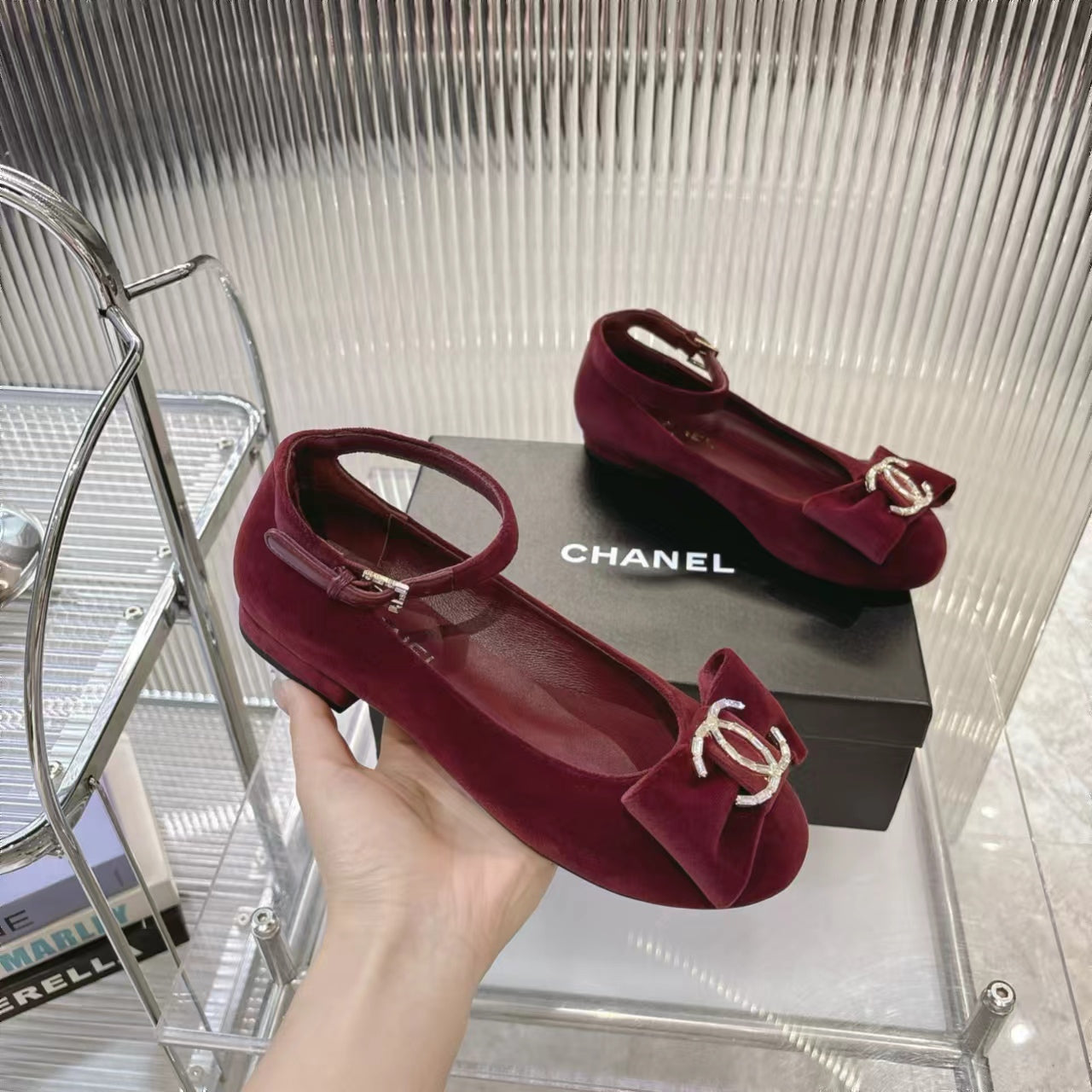 CHANEL BOW MARY JANE SHOES IN GARNET RED VELVET