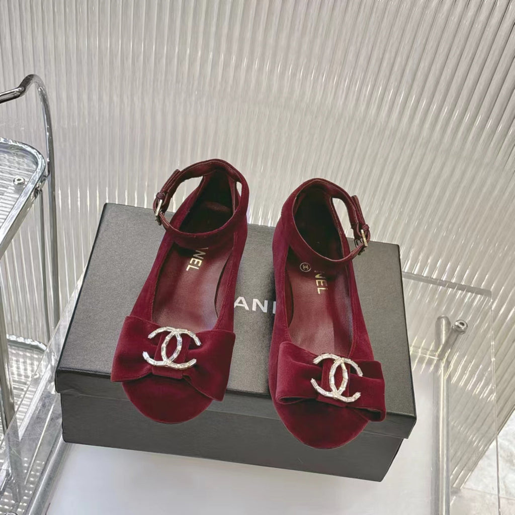 CHANEL BOW MARY JANE SHOES IN GARNET RED VELVET