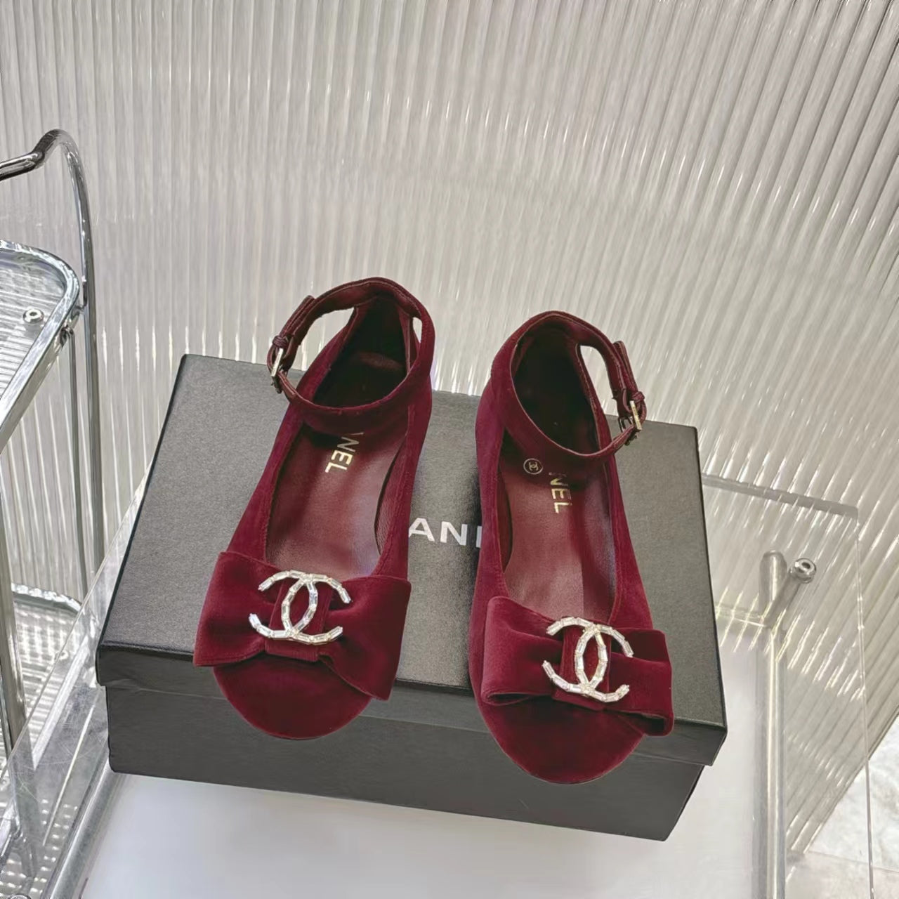 CHANEL BOW MARY JANE SHOES IN GARNET RED VELVET