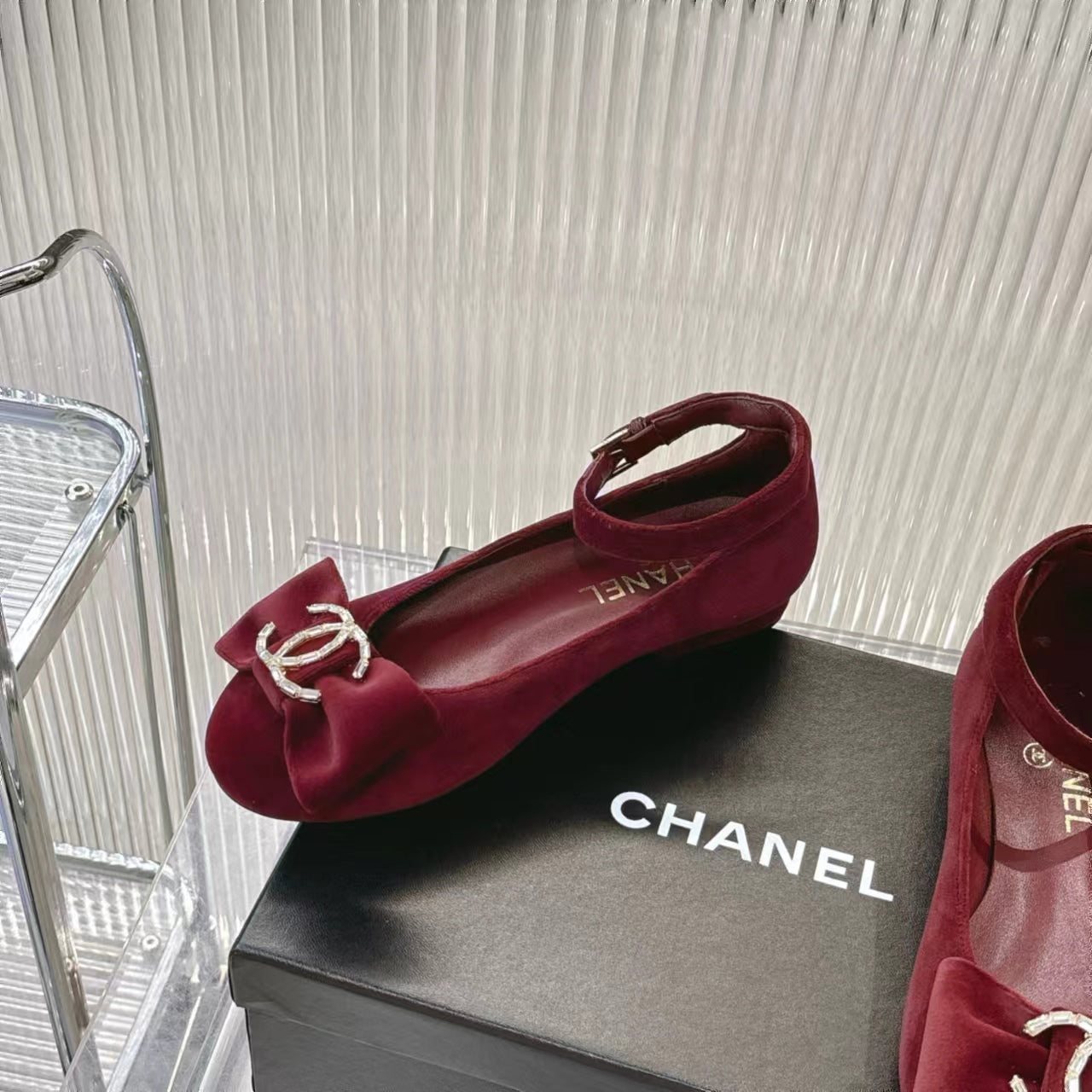 CHANEL BOW MARY JANE SHOES IN GARNET RED VELVET