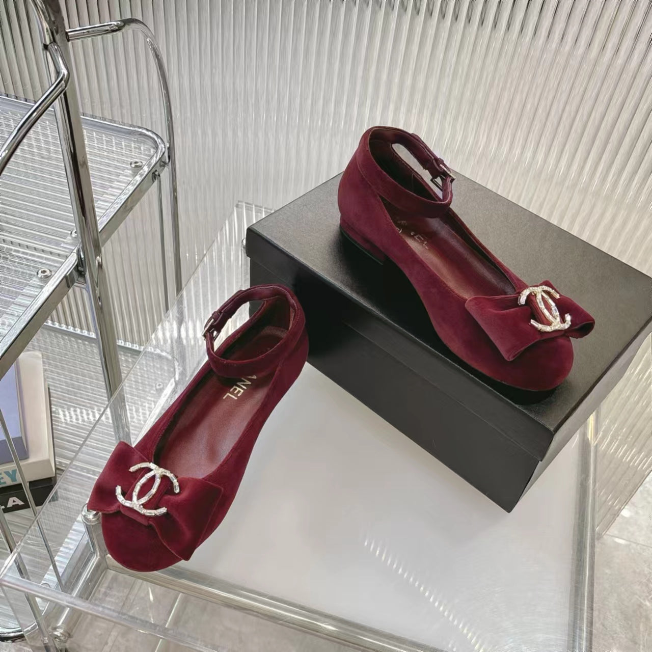 CHANEL BOW MARY JANE SHOES IN GARNET RED VELVET