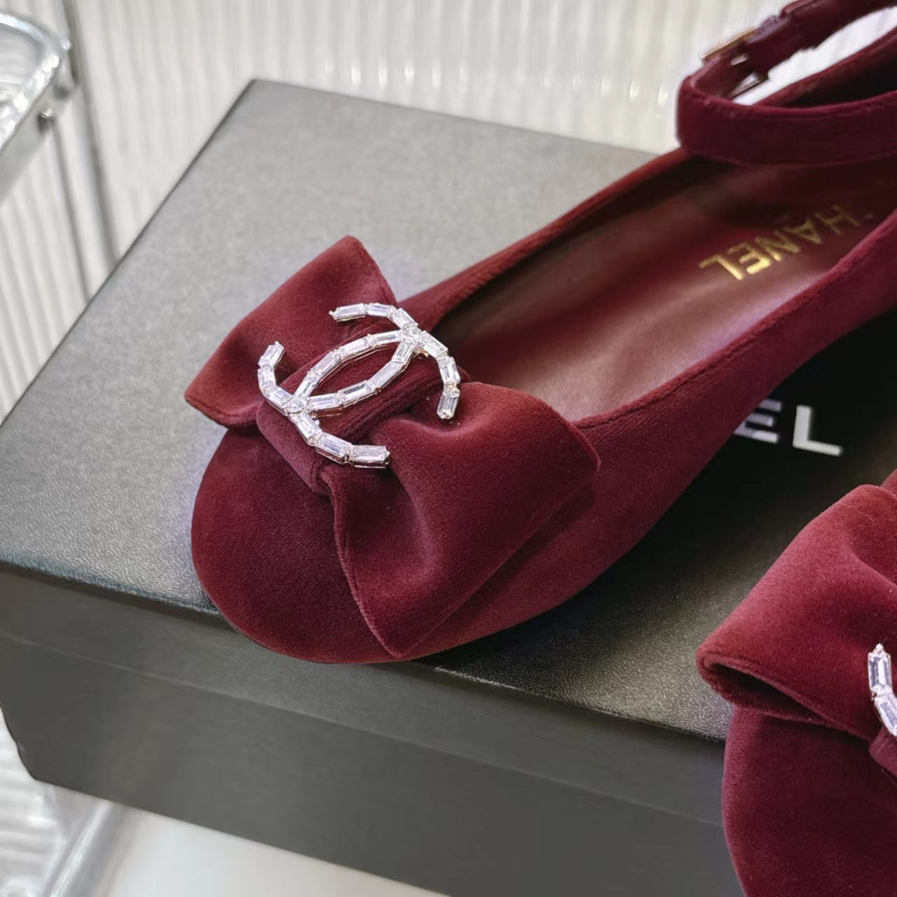 CHANEL BOW MARY JANE SHOES IN GARNET RED VELVET