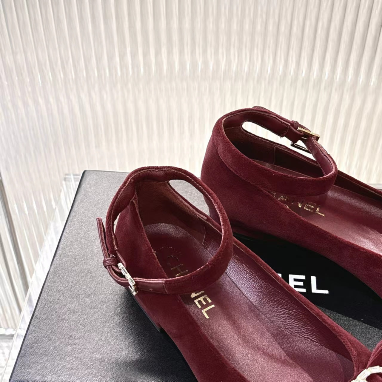 CHANEL BOW MARY JANE SHOES IN GARNET RED VELVET