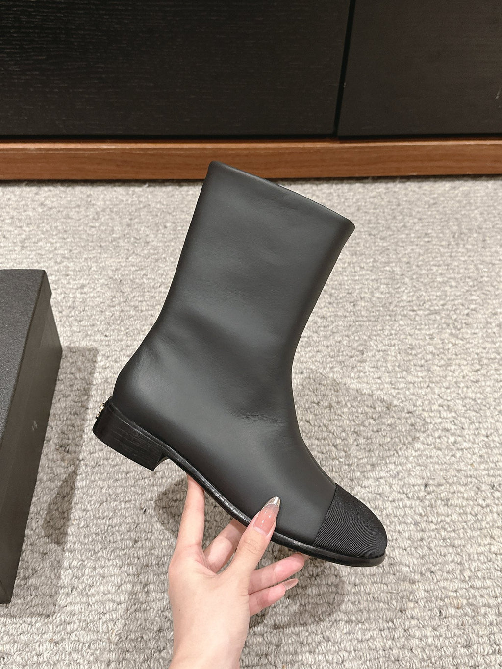 CHANEL SHORT BOOTS IN BLACK LAMBSKIN AND FABRIC