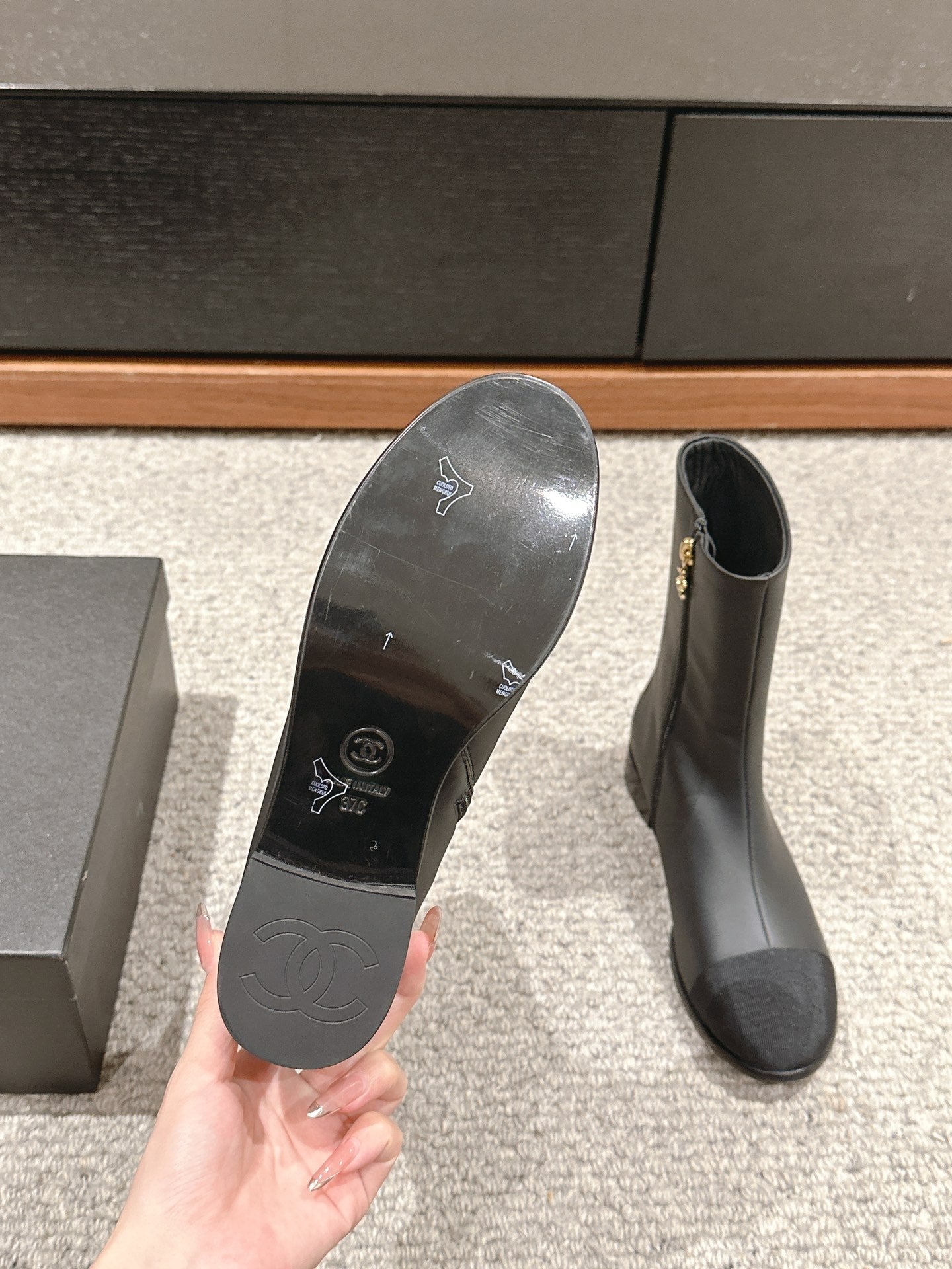 CHANEL SHORT BOOTS IN BLACK LAMBSKIN AND FABRIC