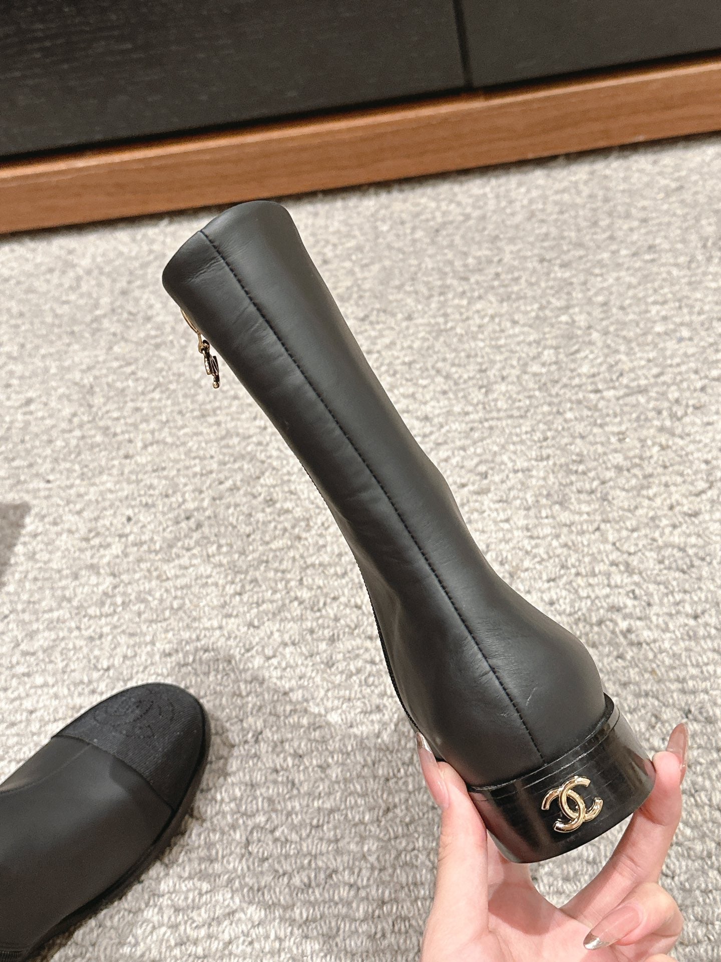 CHANEL SHORT BOOTS IN BLACK LAMBSKIN AND FABRIC