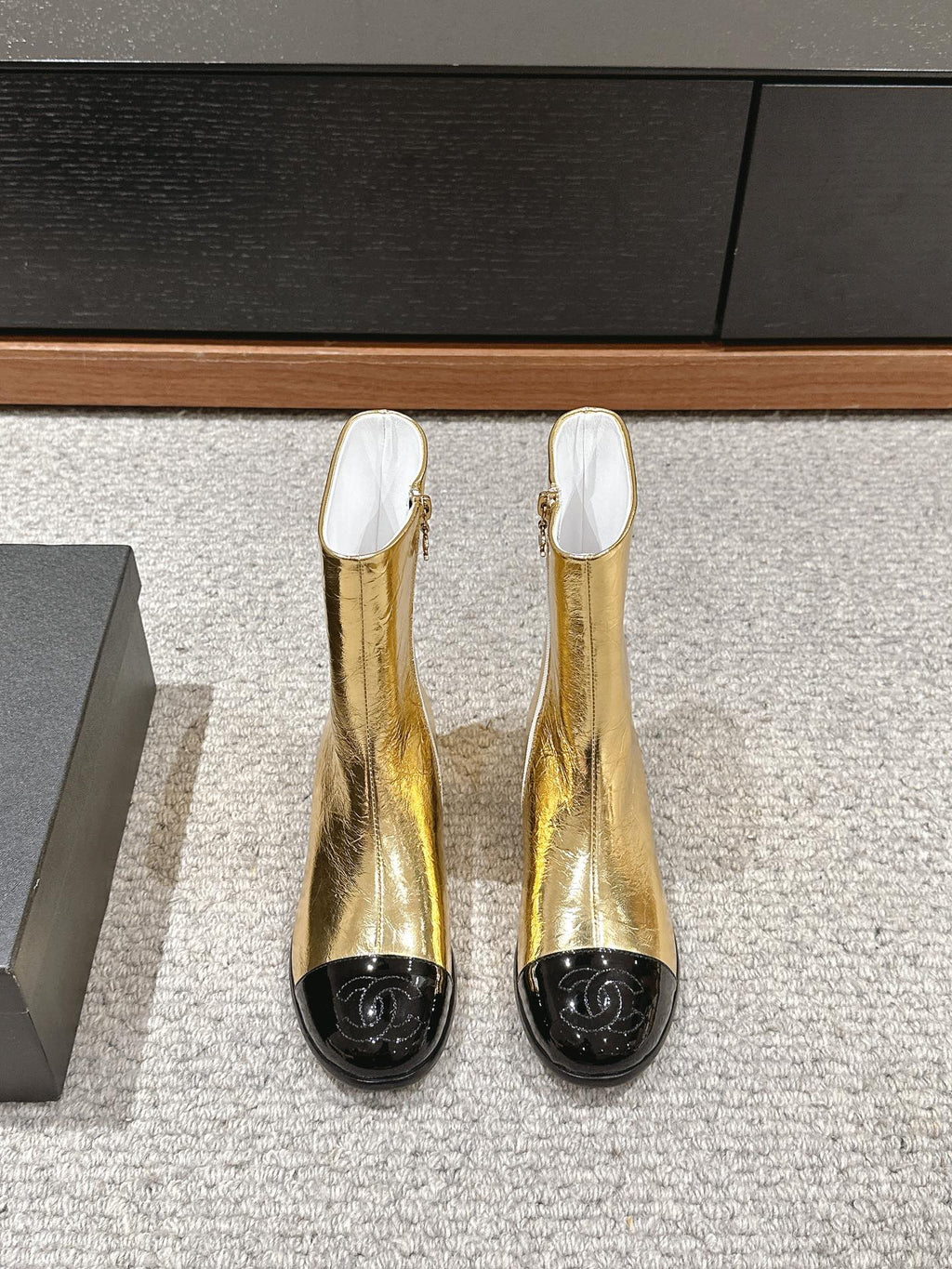 CHANEL SHORT BOOTS IN GOLDEN MIX BLACK LAMBSKIN