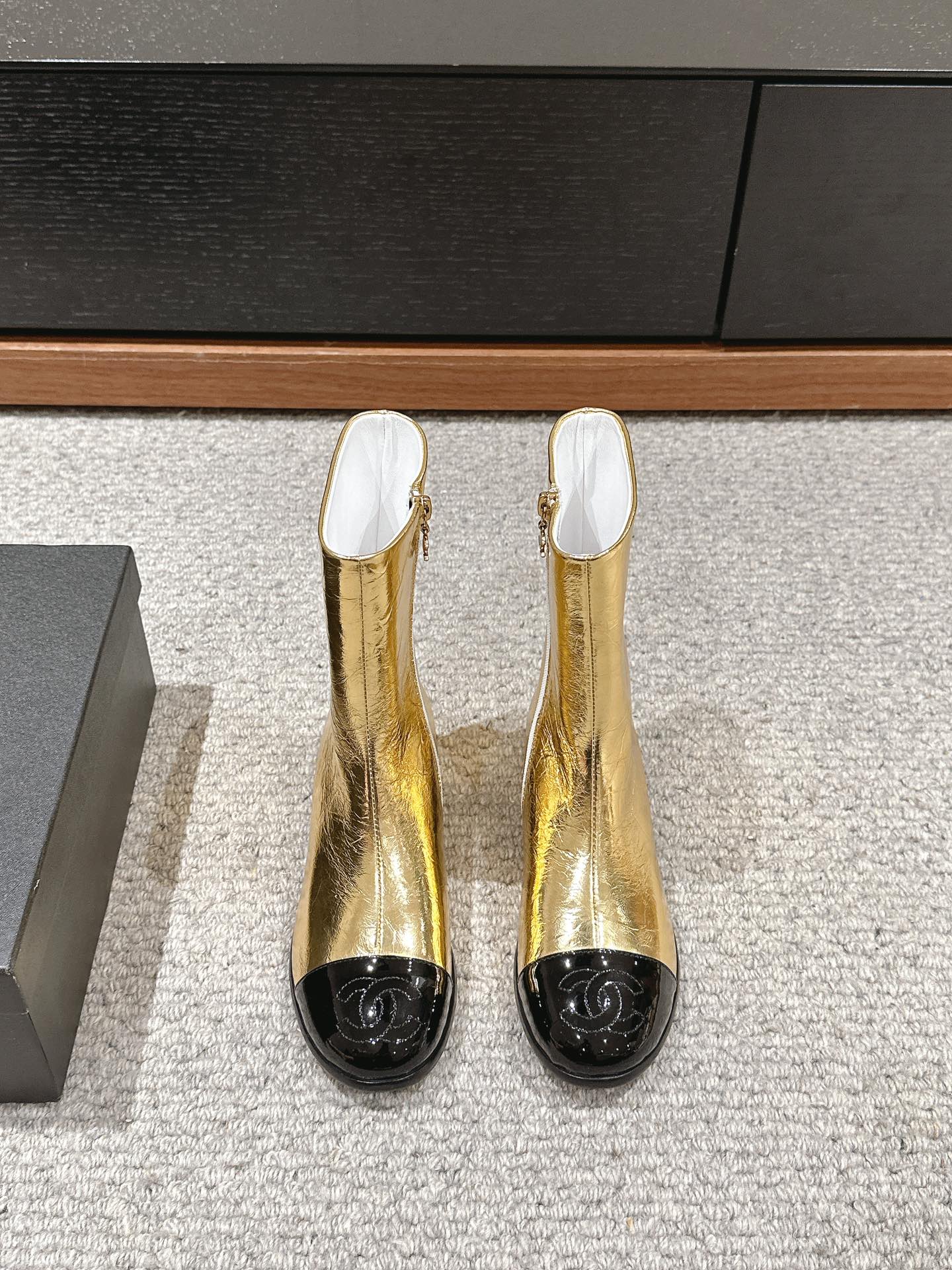 CHANEL SHORT BOOTS IN GOLDEN MIX BLACK LAMBSKIN