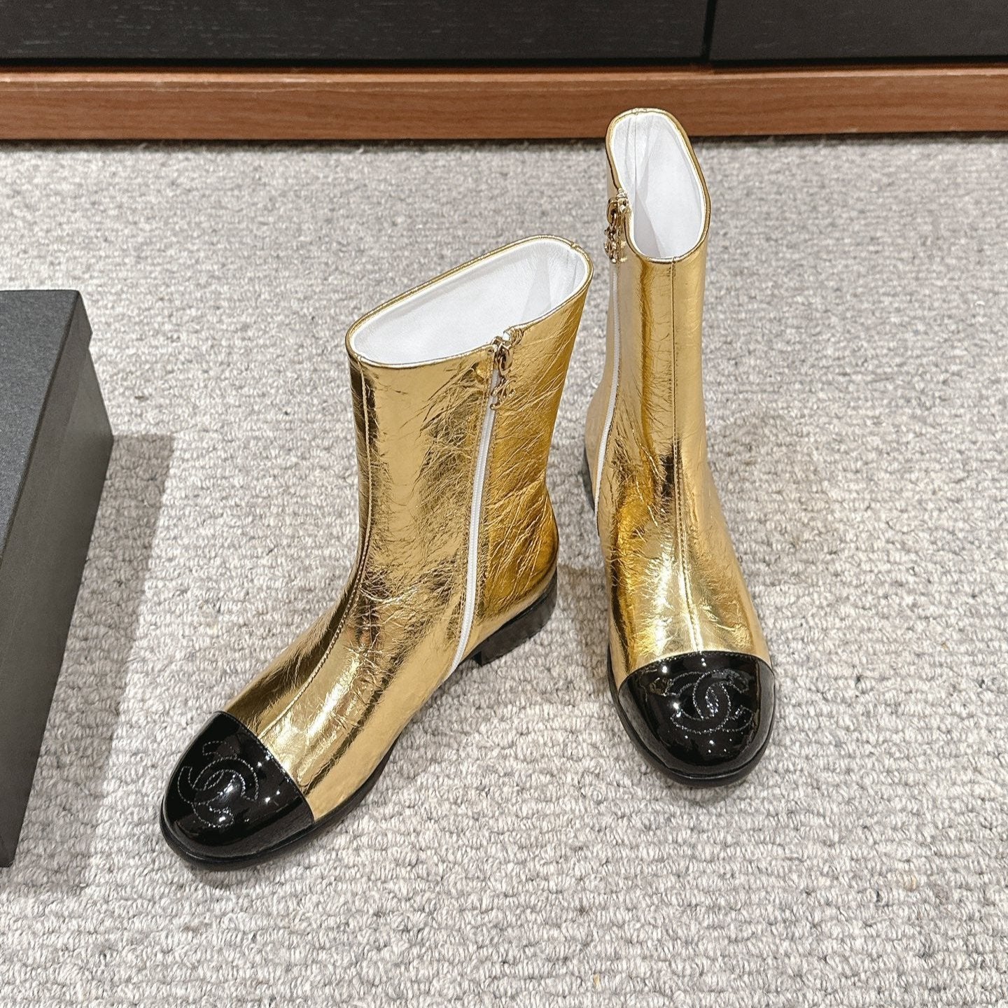 CHANEL SHORT BOOTS IN GOLDEN MIX BLACK LAMBSKIN