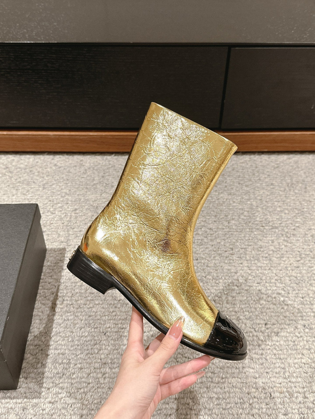 CHANEL SHORT BOOTS IN GOLDEN MIX BLACK LAMBSKIN