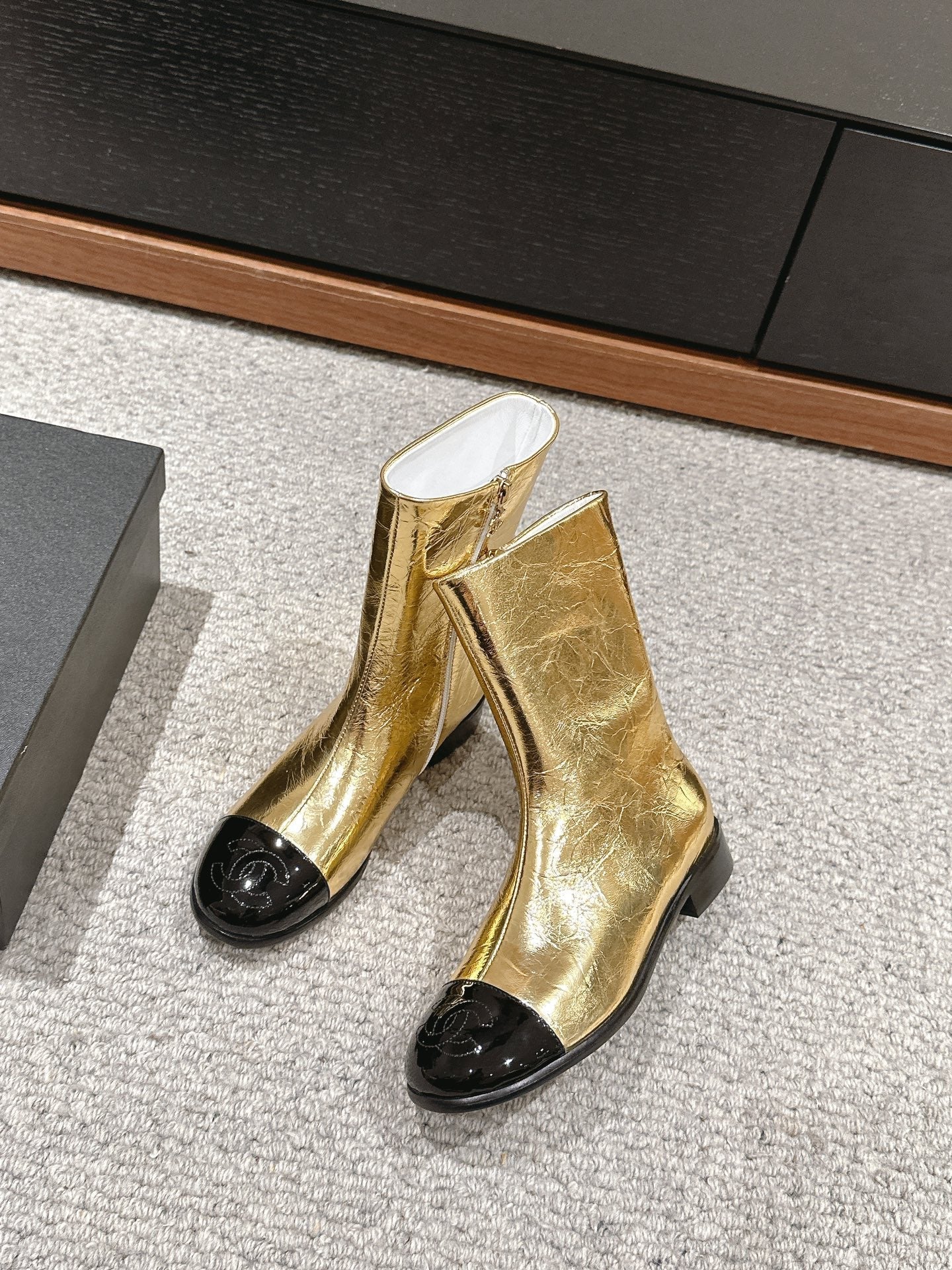 CHANEL SHORT BOOTS IN GOLDEN MIX BLACK LAMBSKIN