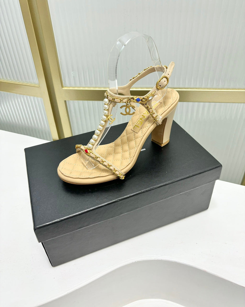 CHANEL HIGH HEELS PEARL CHAIN IN BEIGE CREAM COWHIDE