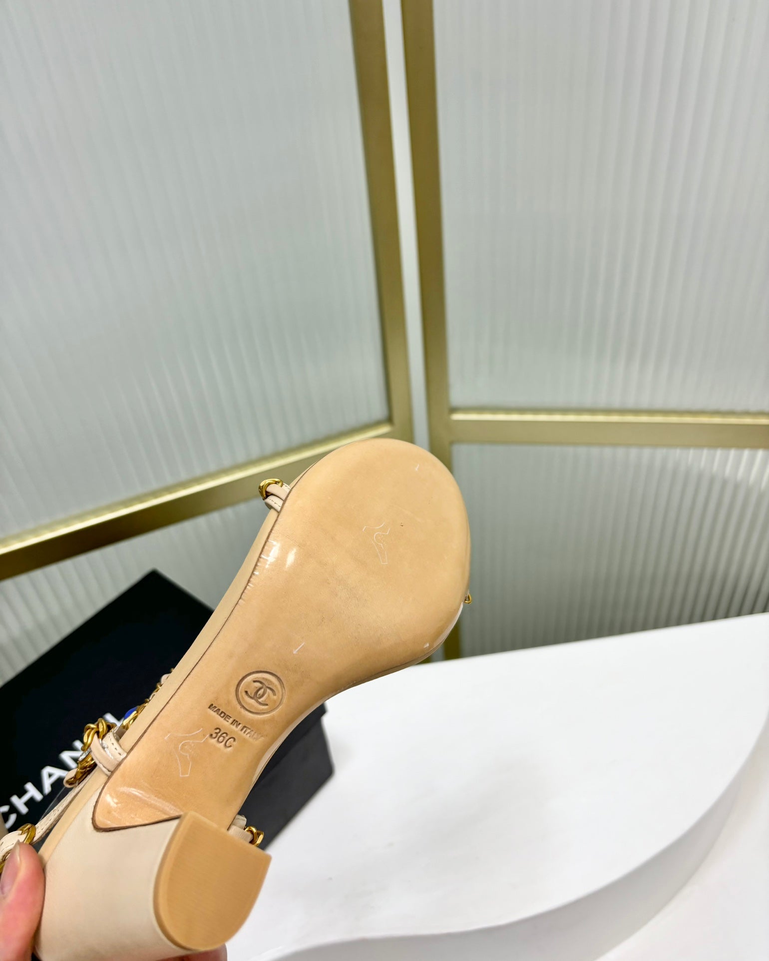 CHANEL HIGH HEELS PEARL CHAIN IN BEIGE CREAM COWHIDE
