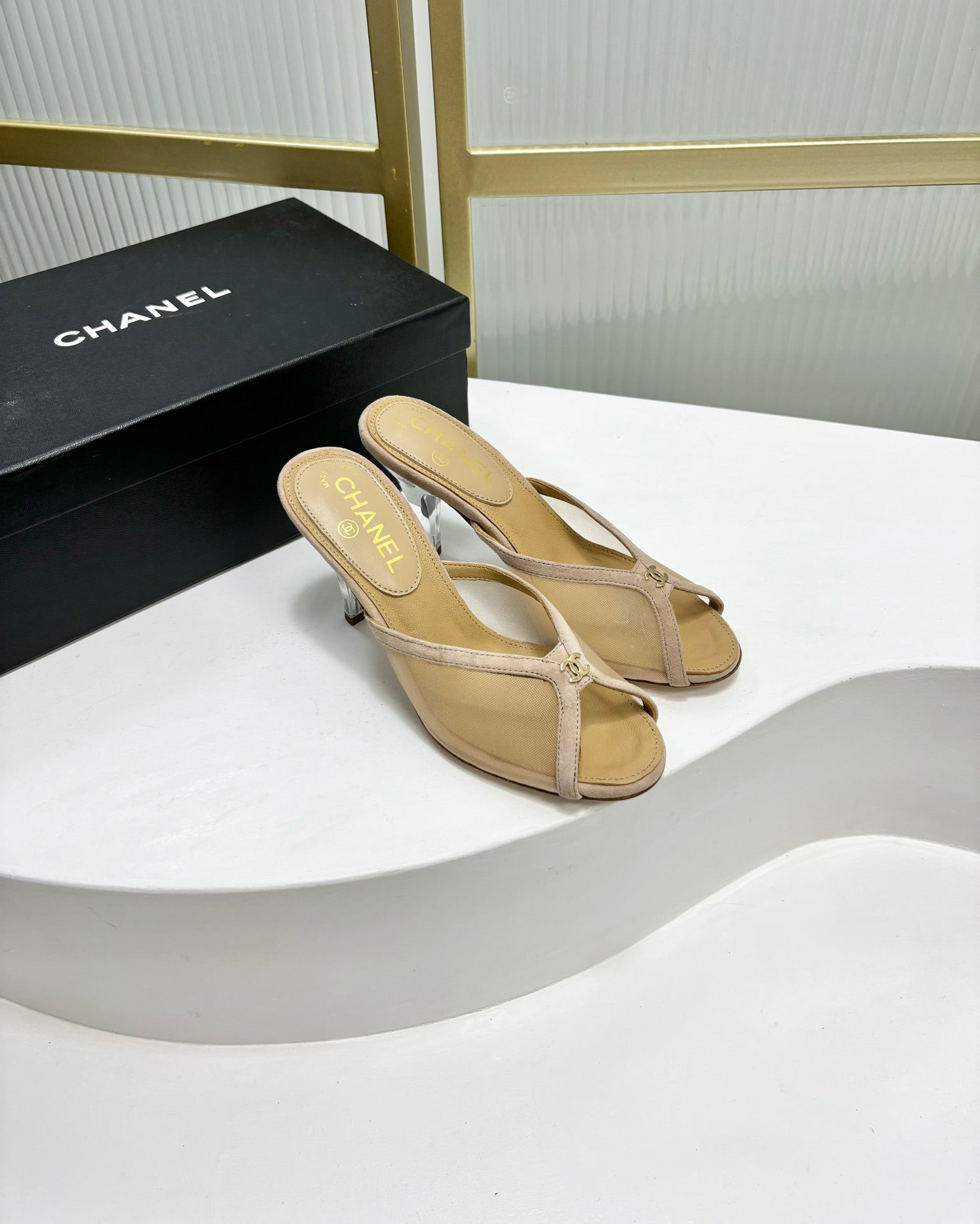 CHANEL HIGH HEEL PEEP TOE IN BEIGE CREAM BREATHABLE MESH