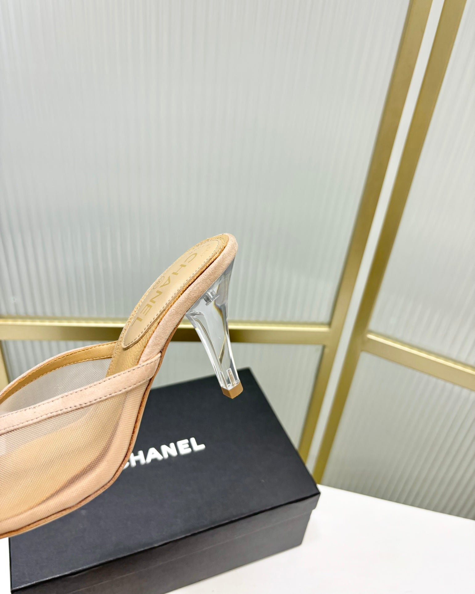 CHANEL HIGH HEEL PEEP TOE IN BEIGE CREAM BREATHABLE MESH