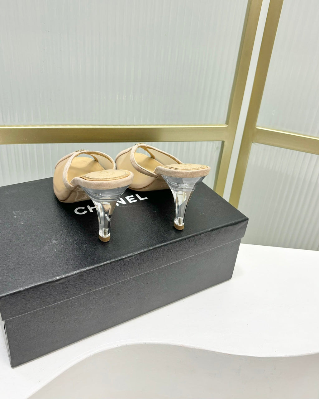 CHANEL HIGH HEEL PEEP TOE IN BEIGE CREAM BREATHABLE MESH