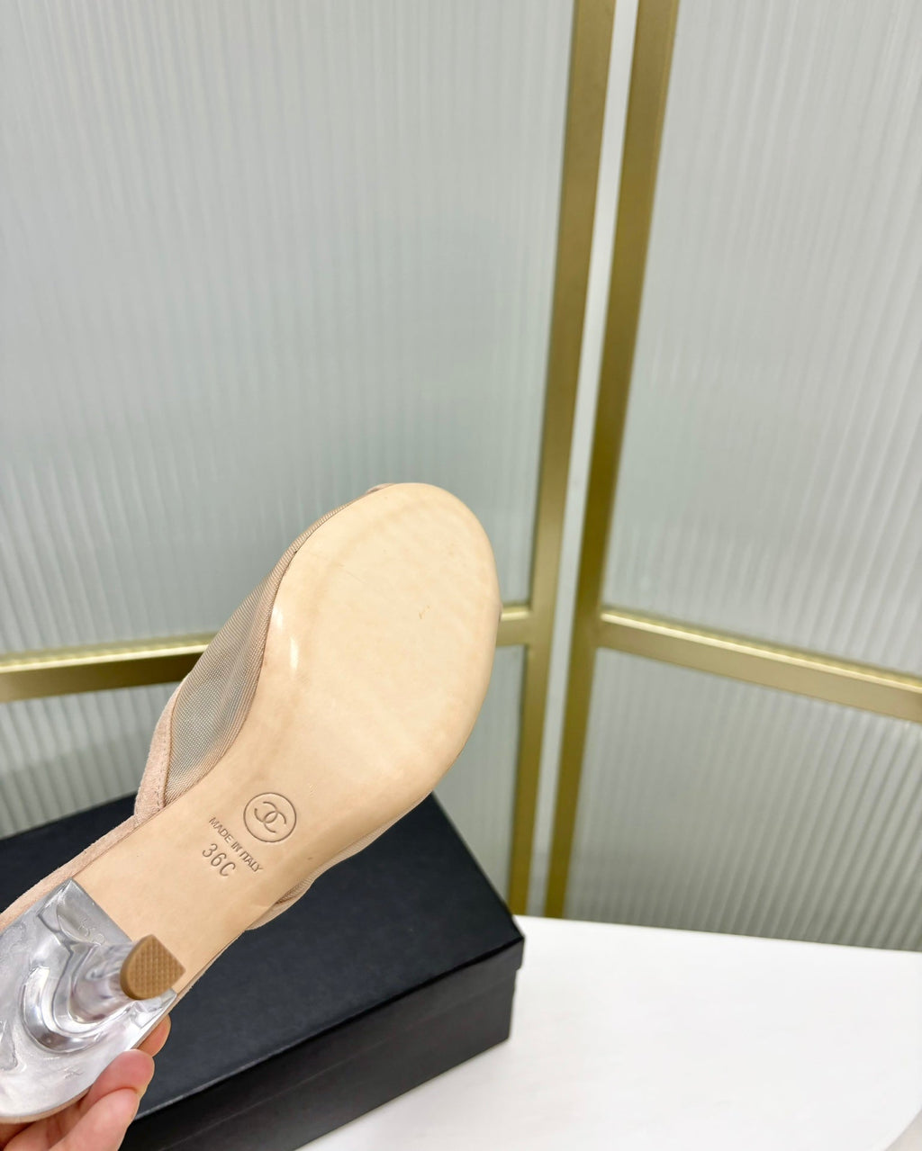 CHANEL HIGH HEEL PEEP TOE IN BEIGE CREAM BREATHABLE MESH