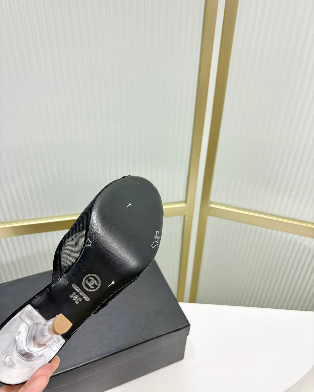 CHANEL HIGH HEEL PEEP TOE IN BLACK BREATHABLE MESH