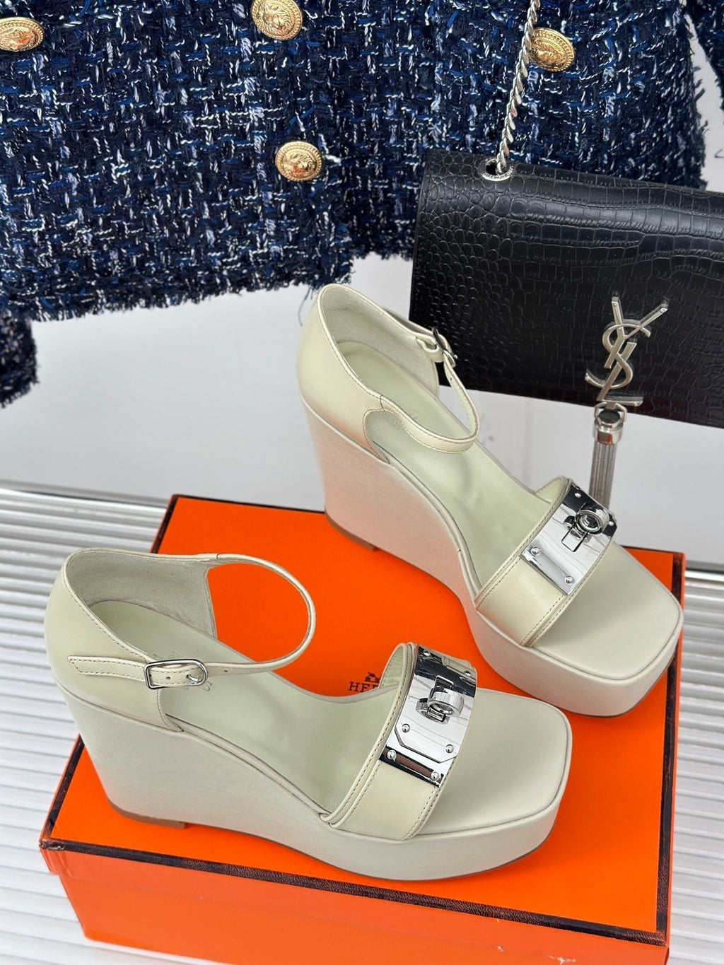 HERMES WEDGES SANDALS WHITE LAMBSKIN