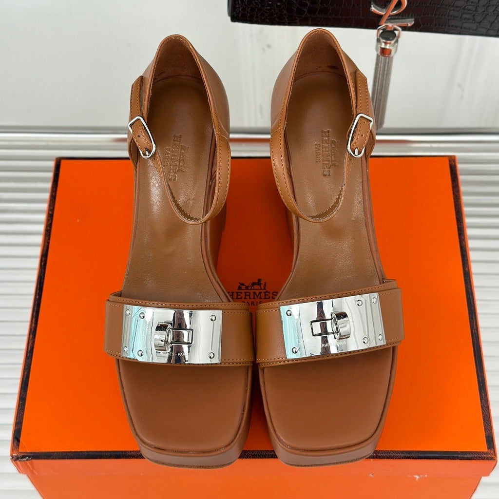 HERMES WEDGES SANDALS CARAMEL LAMBSKIN