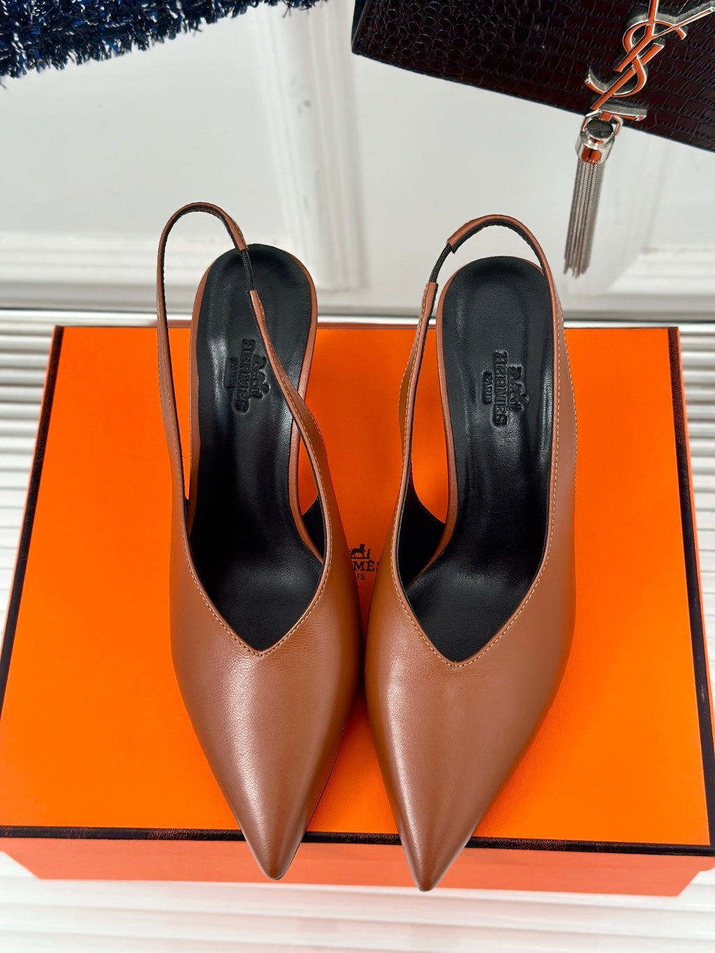 HERMES HIGH HEEL 75 MM POINTED- TOE SANDAL IN BRONZE BROWN CALFSKIN