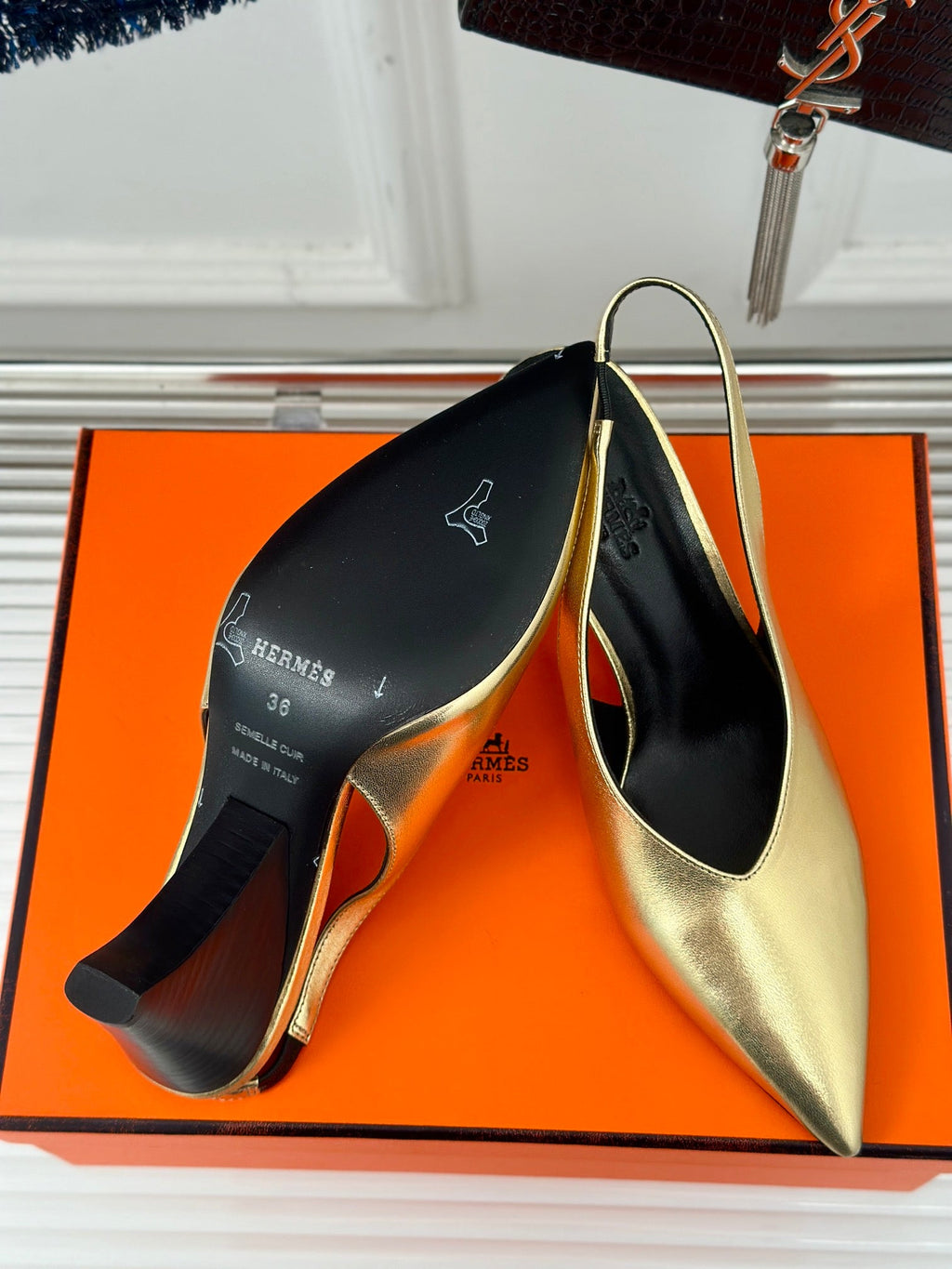 HERMES HIGH HEEL 75 MM POINTED- TOE SANDAL IN GOLD CALFSKIN