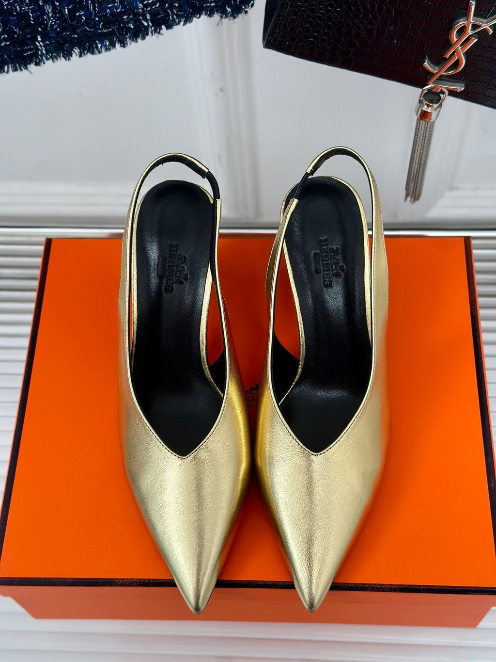 HERMES HIGH HEEL 75 MM POINTED- TOE SANDAL IN GOLD CALFSKIN