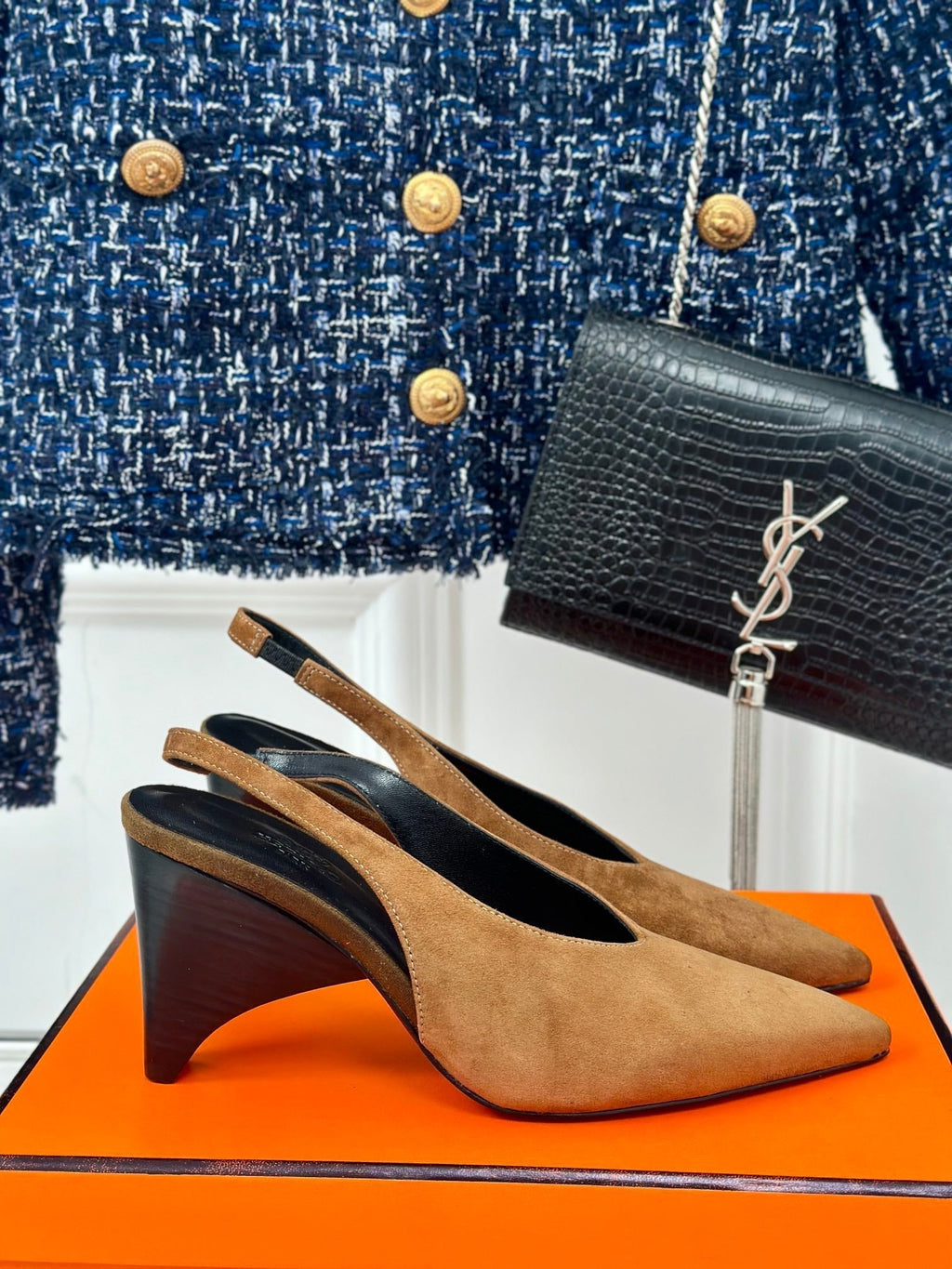 HERMES HIGH HEEL 75 MM POINTED- TOE SANDAL IN CIDER BROWN SUEDE