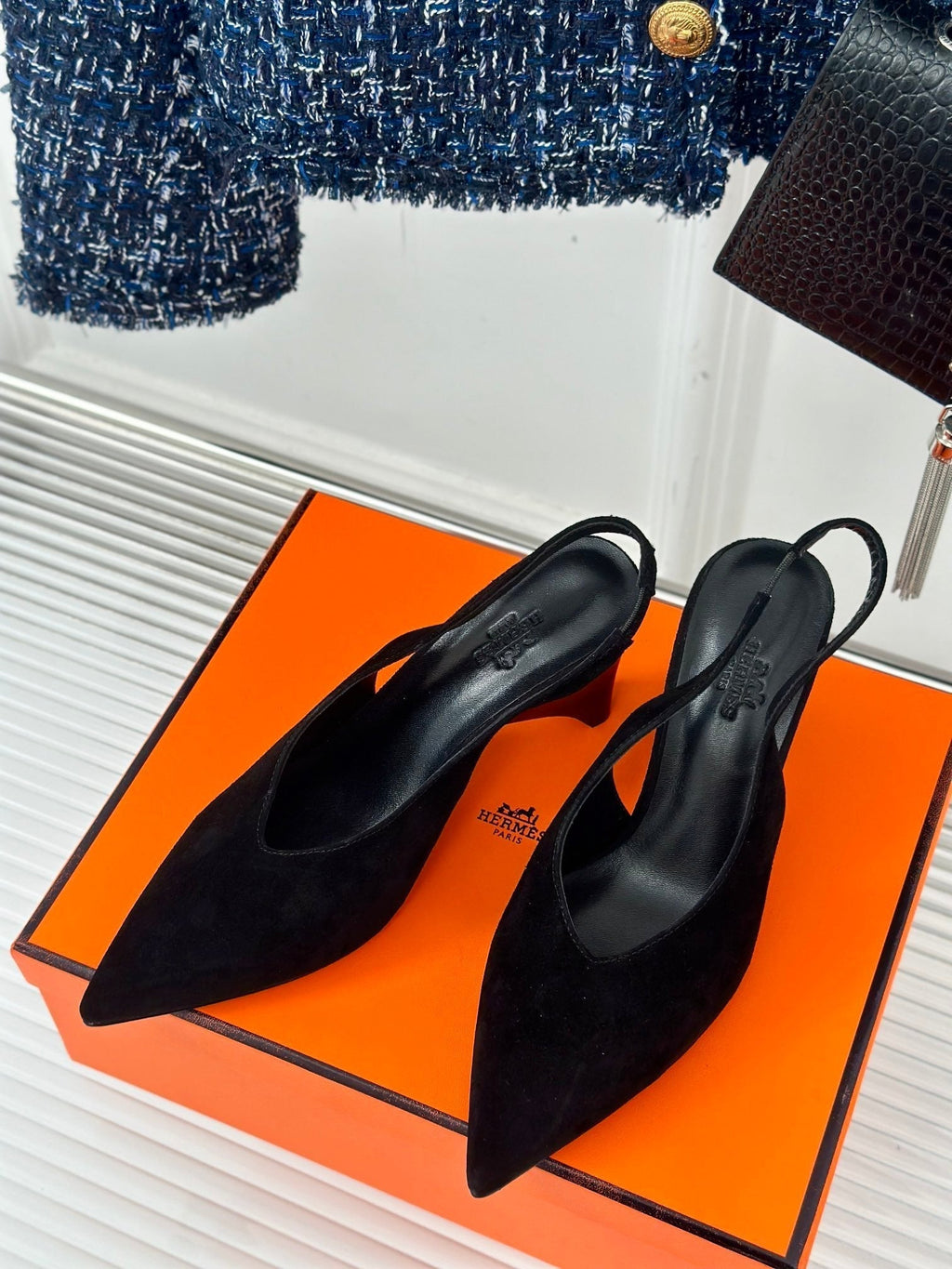 HERMES HIGH HEEL 75 MM POINTED- TOE SANDAL IN BLACK SUEDE