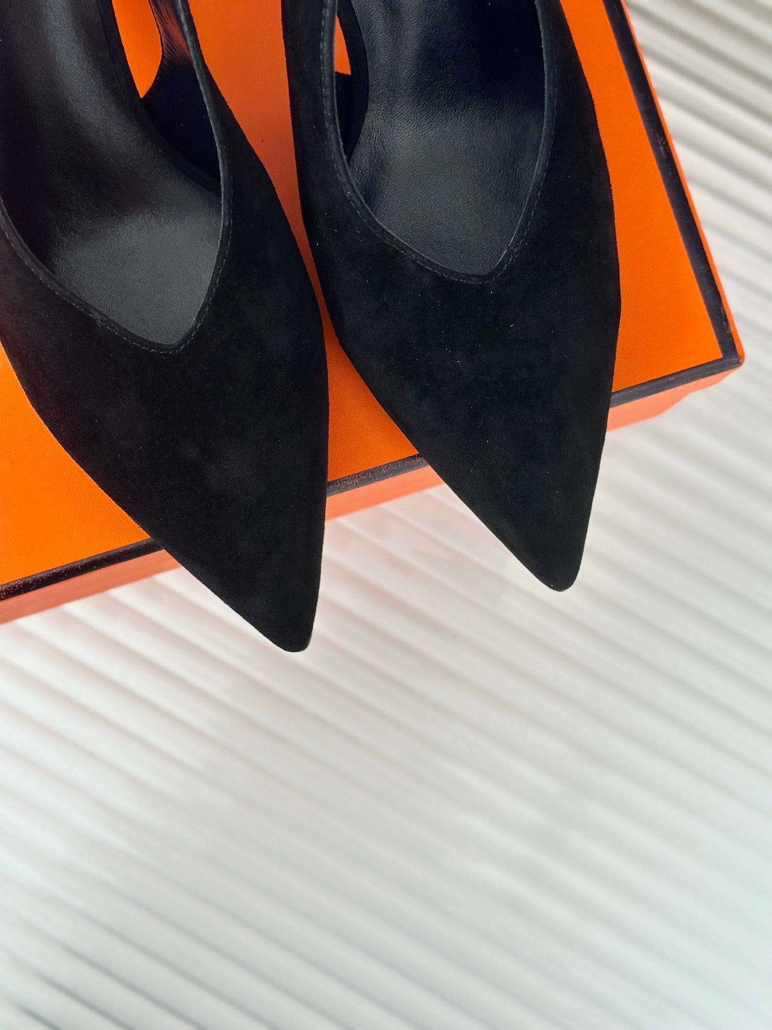 HERMES HIGH HEEL 75 MM POINTED- TOE SANDAL IN BLACK SUEDE