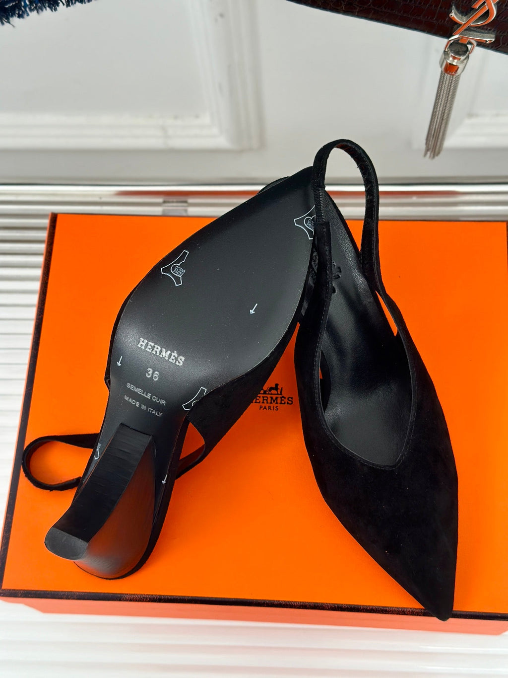 HERMES HIGH HEEL 75 MM POINTED- TOE SANDAL IN BLACK SUEDE