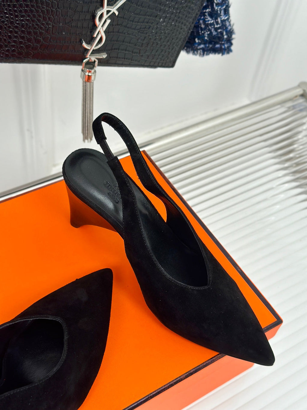 HERMES HIGH HEEL 75 MM POINTED- TOE SANDAL IN BLACK SUEDE