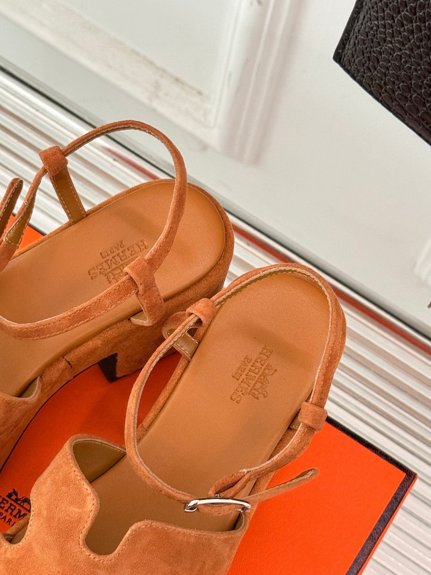 HERMES 25S JAM 30 HIGH-HEEL SANDAL IN TERRACOTTA ORANGE SUEDE