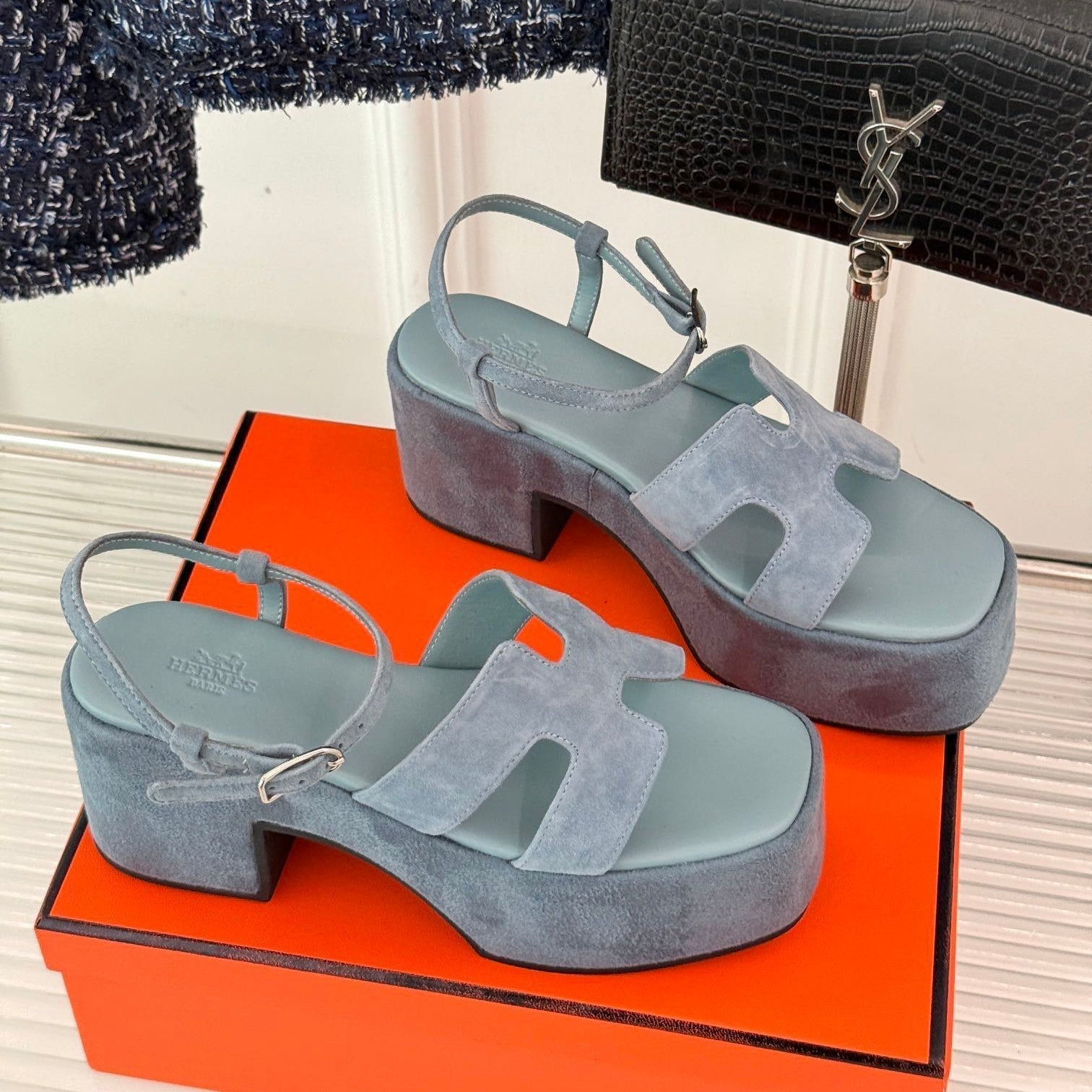 HERMES 25S JAM 30 HIGH-HEEL SANDAL IN STEEL BLUE GRAY SUEDE