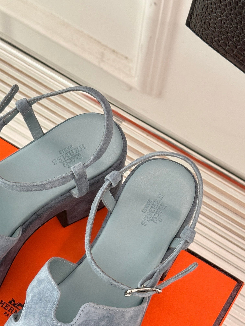 HERMES 25S JAM 30 HIGH-HEEL SANDAL IN STEEL BLUE GRAY SUEDE