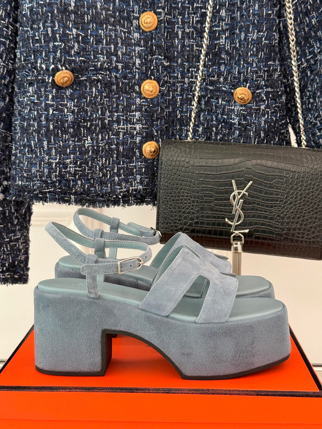 HERMES 25S JAM 30 HIGH-HEEL SANDAL IN STEEL BLUE GRAY SUEDE