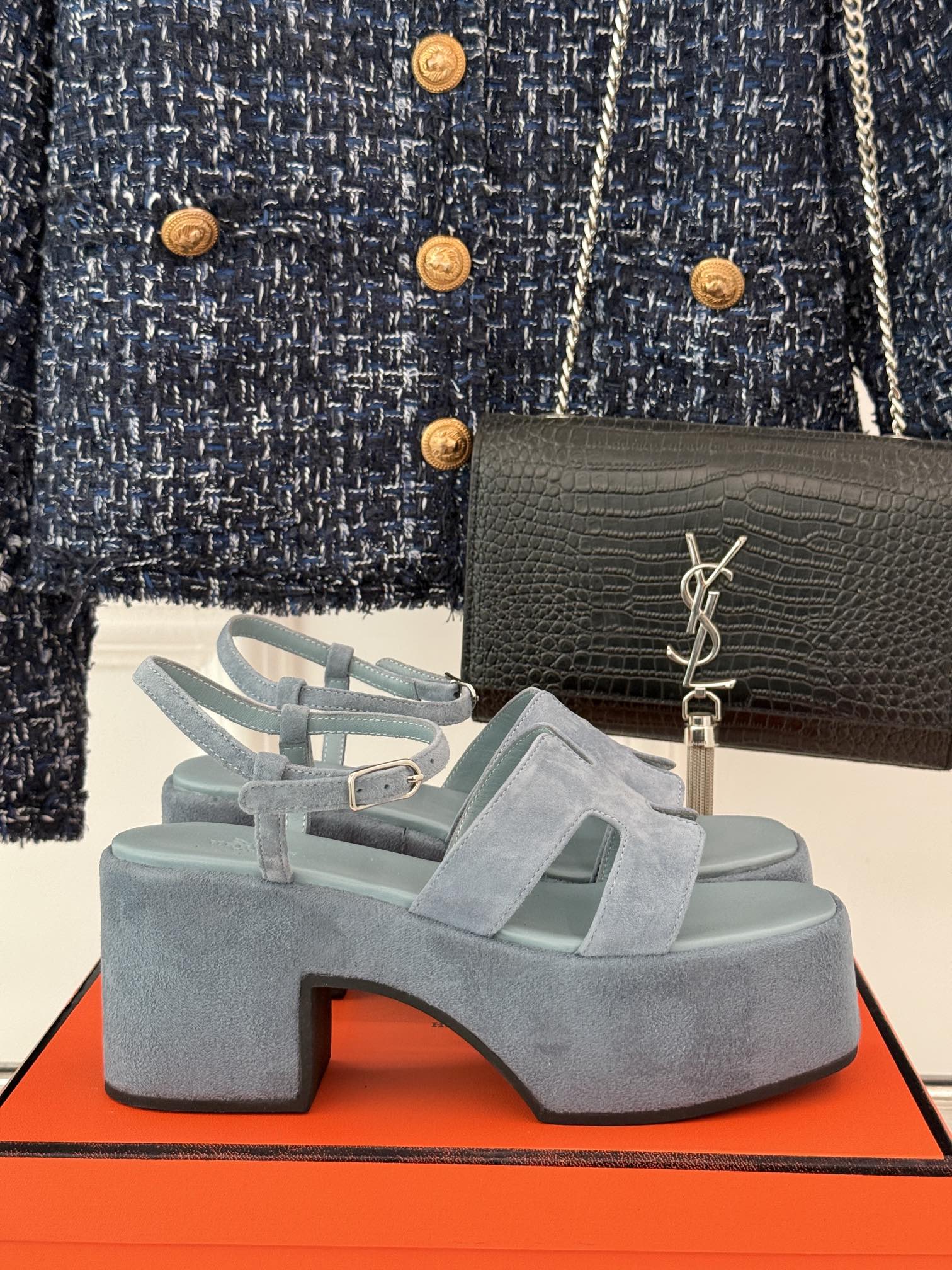HERMES 25S JAM 30 HIGH-HEEL SANDAL IN STEEL BLUE GRAY SUEDE