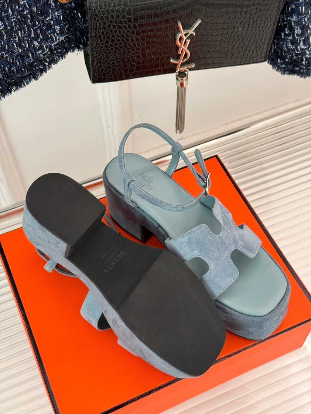 HERMES 25S JAM 30 HIGH-HEEL SANDAL IN STEEL BLUE GRAY SUEDE